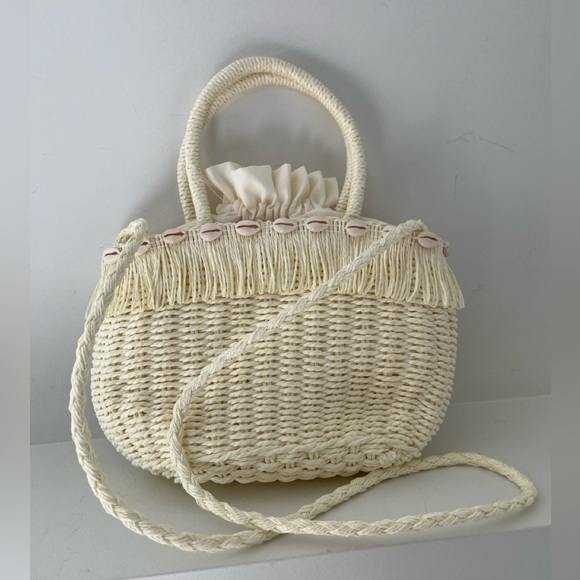 Handbags - WOVEN Shell Fringe Detail Cross Body Bag Drawstring Closure Boho Vacation Chic